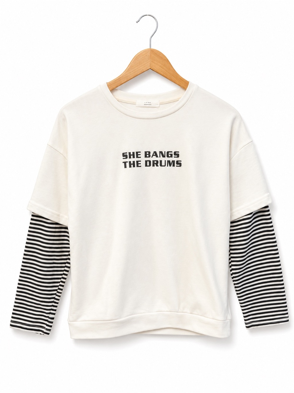 JUNE Studio Korean Streetwear Layered Striped Graphic Top She Bangs The Drums S